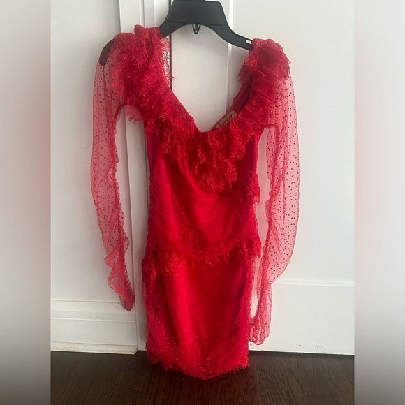 -mini red dress -I am 5”3 1/2 so it is mid thigh on me in these pictures - Picture 2 of 8